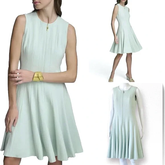 Donna Karan | Dresses | Donna Karan Fit Flare Dress Front Zip Sleeveless  Striped With Seaming Lined | Poshmark